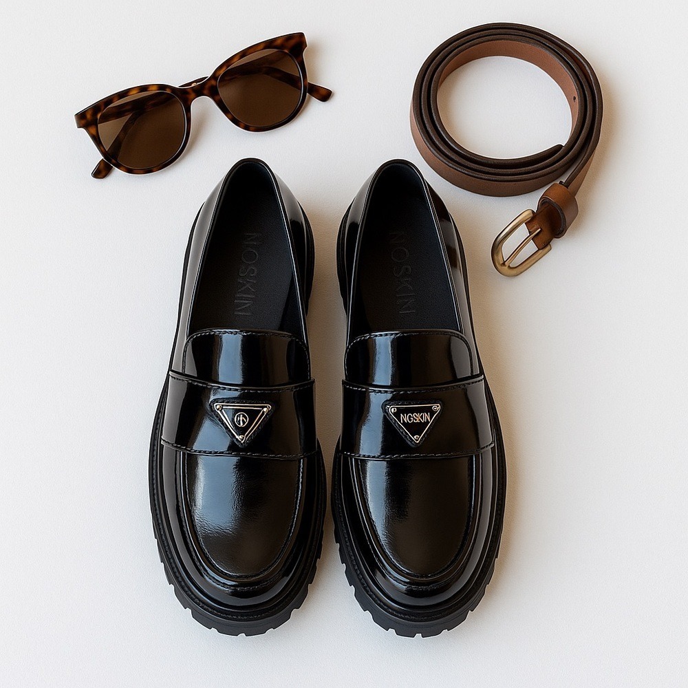 NoSkin Lulie Black Patent Lug Sole Loafers EU 38 US 7.5 New Without Box Chic - Picture 3 of 15